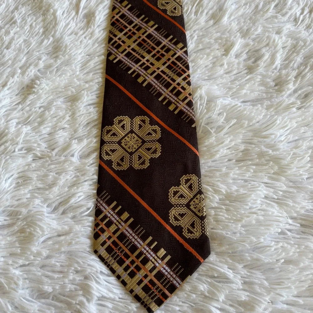 Vintage 70s Sears Polyester Wide Necktie Brown Jacquard Gold Beige Orange